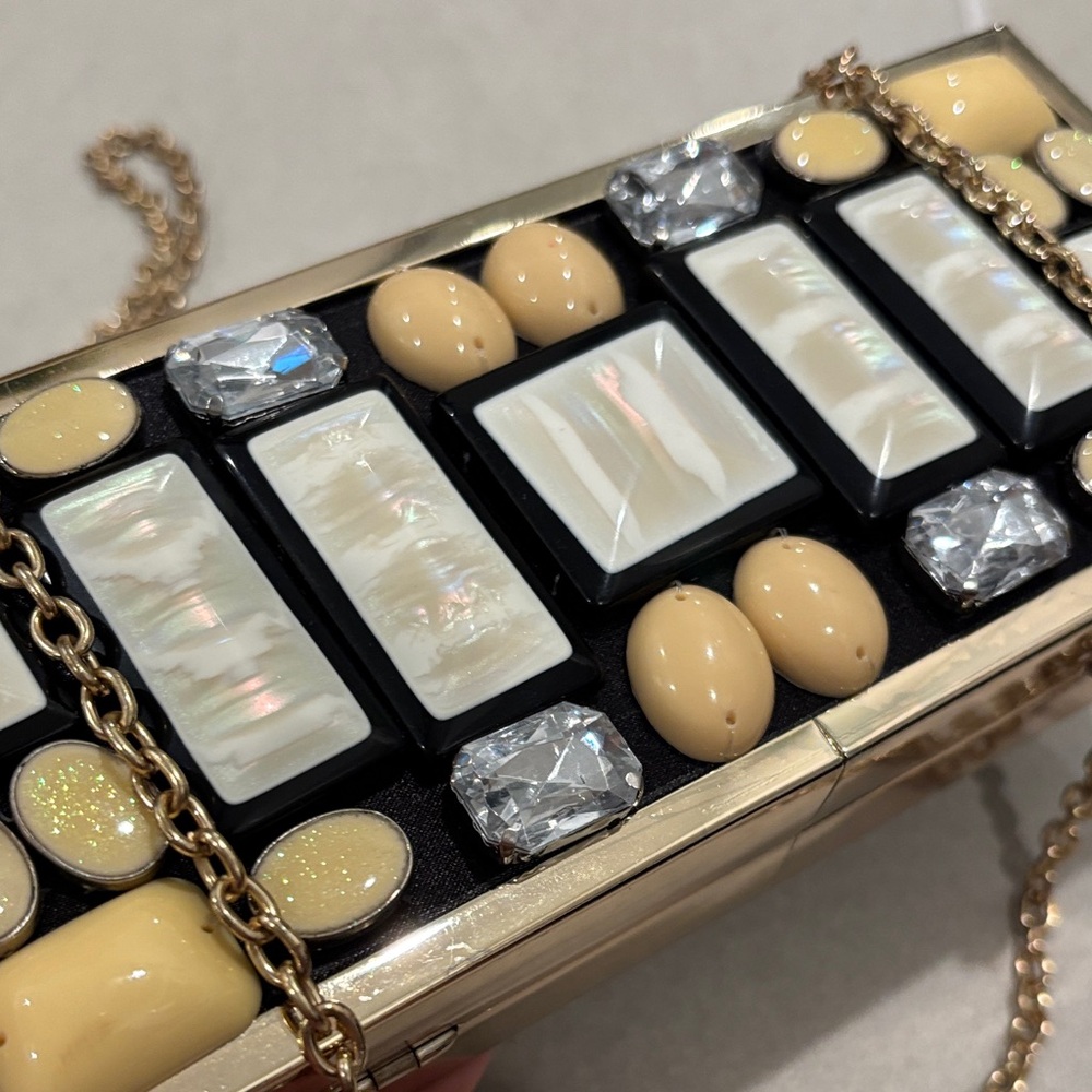 Gold Chain Evening Clutch with Cream and Pearl Inlay Kate Landry